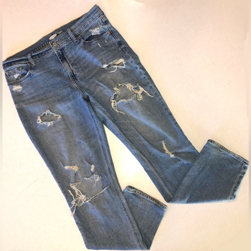 Old Navy Women's Distressed Boyfriend Mid Rise Denim Blue Jeans - 10 Tall